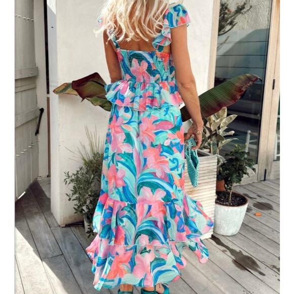 Show Me Your Mumu Reese Ruffle Midi Dress in Hibiscus Punch Crinkle Sz M - Picture 2 of 13